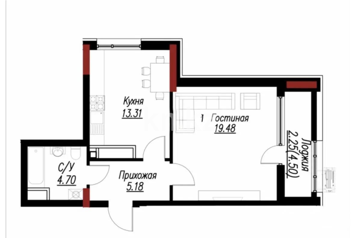 Продажа 1-комнатной квартиры, 44.92 м² в Астане