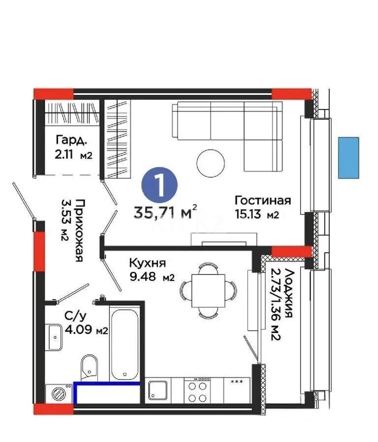 Продажа 1-комнатной квартиры, 36 м² в Астане