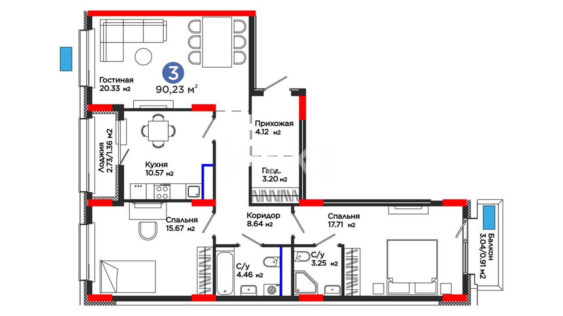 ЖК OİU, 3-комнатная, цена 42 719 393 ₸, 473 450 ₸&nbsp;/&nbsp;м²