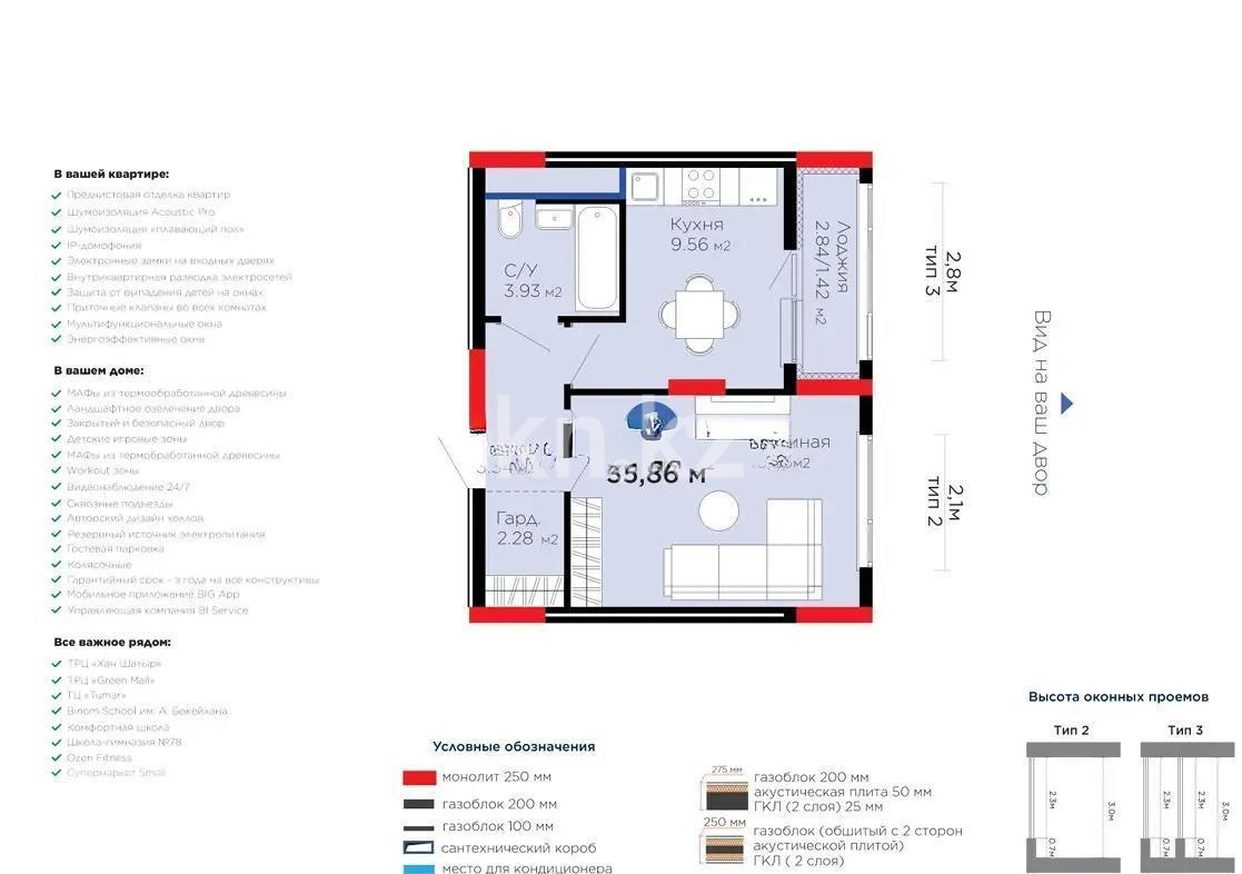 Продажа 1-комнатной квартиры, 35.86 м² в Астане