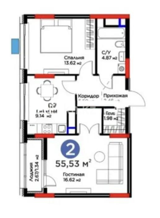 Продажа 2-комнатной квартиры, 56 м² в Астане