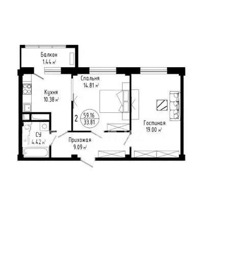 Продажа 2-комнатной квартиры, 60 м² в Астане