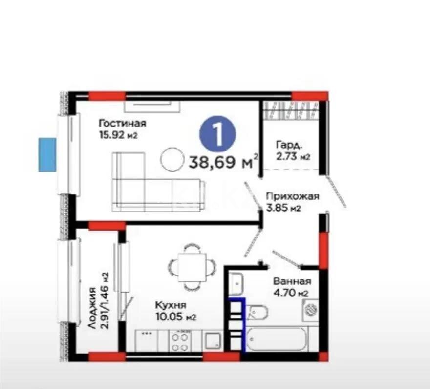 Продажа 1-комнатной квартиры, 39 м² в Астане