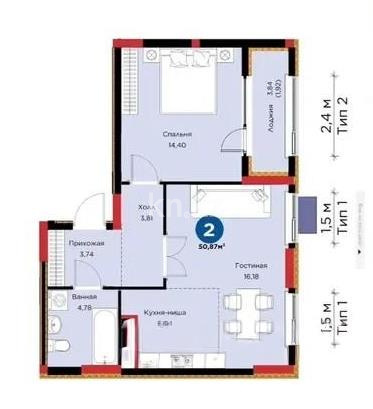 Продажа 2-комнатной квартиры, 50.87 м², ул. Нурмагамбетова, дом  15 стр в Астане