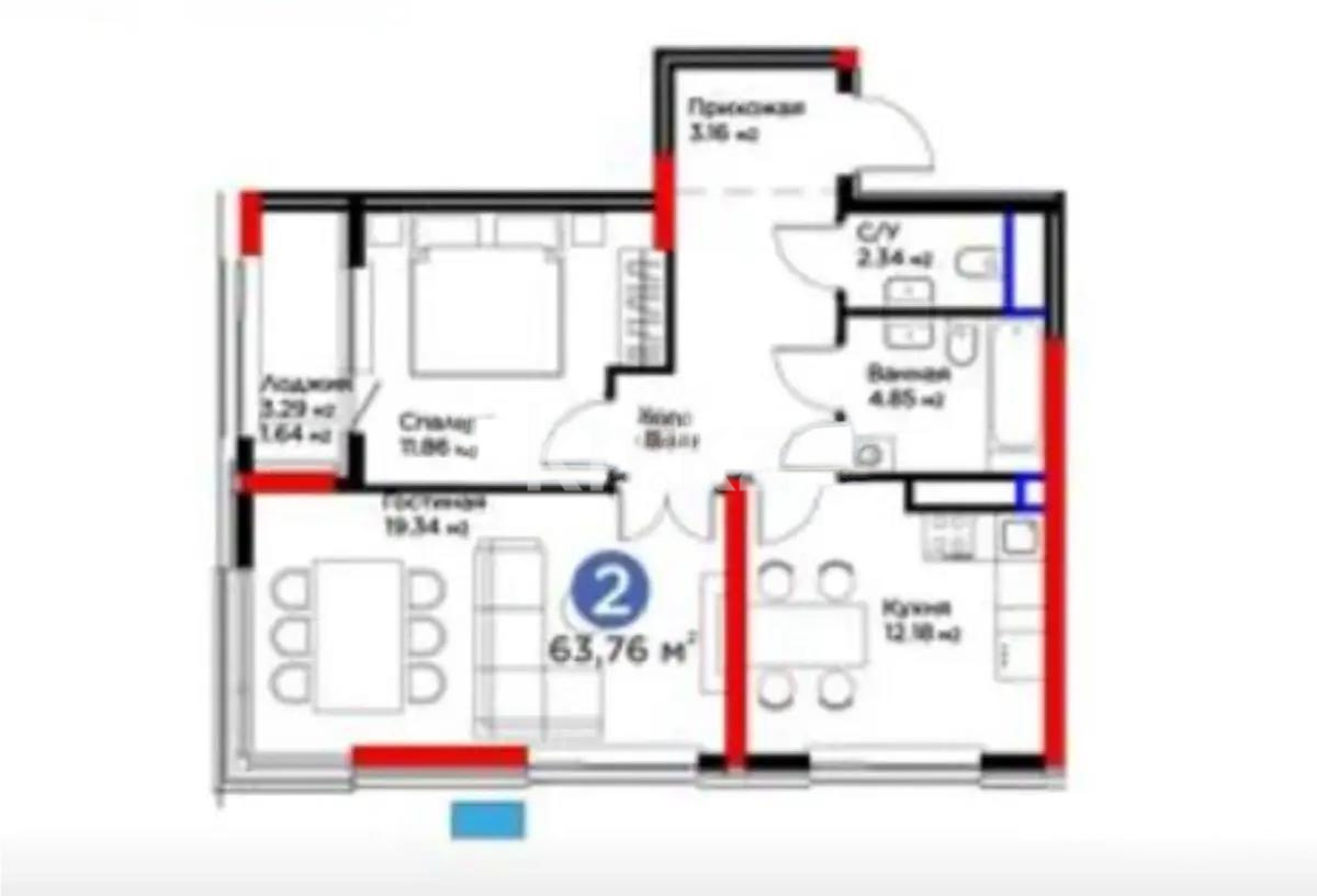 Продажа 2-комнатной квартиры, 63.76 м² в Астане