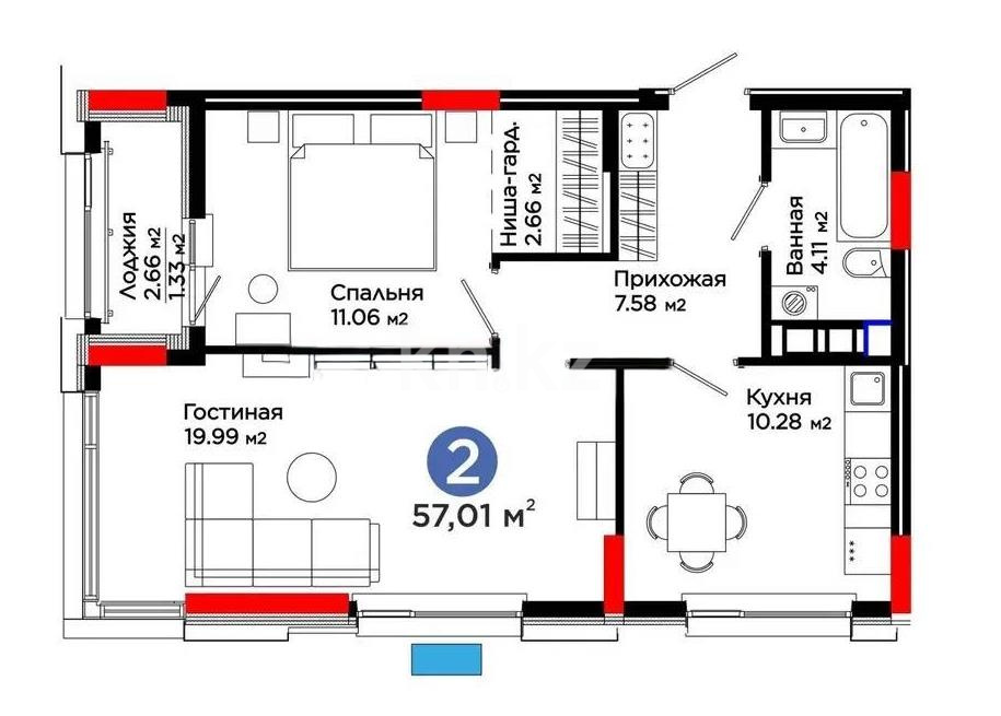 Продажа 2-комнатной квартиры, 57.3 м² в Астане