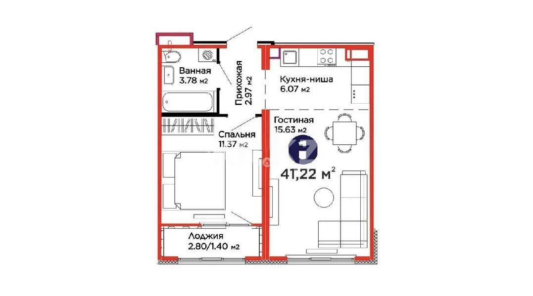 Продажа 2-комнатной квартиры, 41.22 м² в Астане