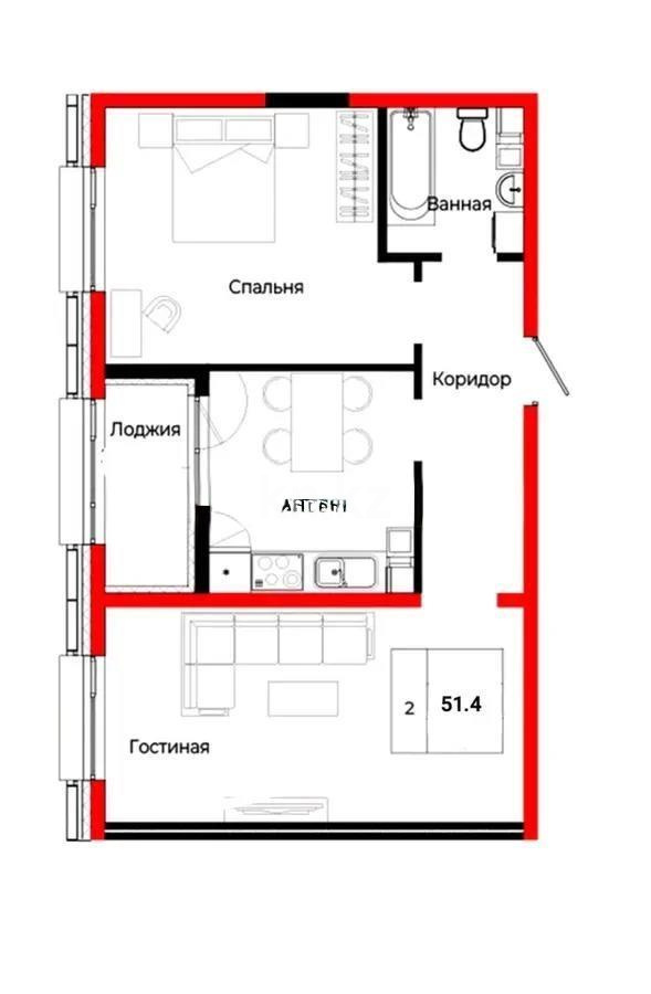 Продажа 2-комнатной квартиры, 51.4 м² в Астане