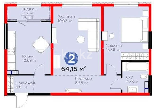 Продажа 2-комнатной квартиры, 64.15 м², ул. Тараз, дом  8/1 стр в Алматы