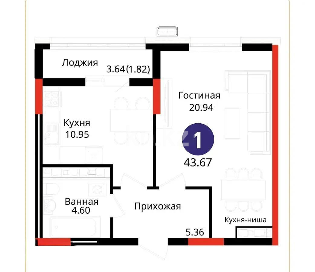 Продажа 2-комнатной квартиры, 43.67 м², ул. Е-429, дом  14 в Астане