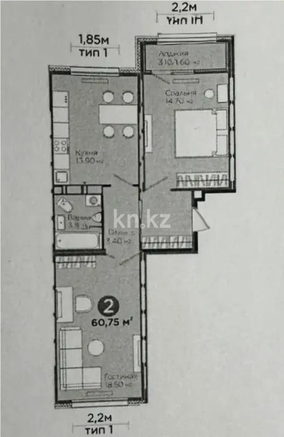Продажа 2-комнатной квартиры, 60.2 м², ул. Е-103, дом  5 в Астане