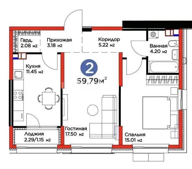 Продажа 2-комнатной квартиры, 59.79 м² в Алматы