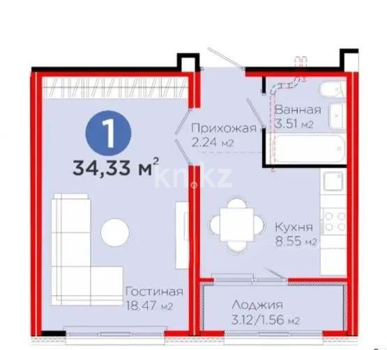 Продажа 1-комнатной квартиры, 34.33 м², ул. Толе би, дом  24 в Астане