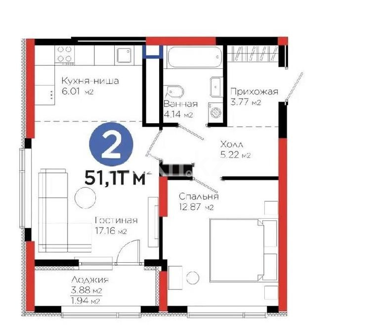 Продажа 2-комнатной квартиры, 51.11 м² в Астане