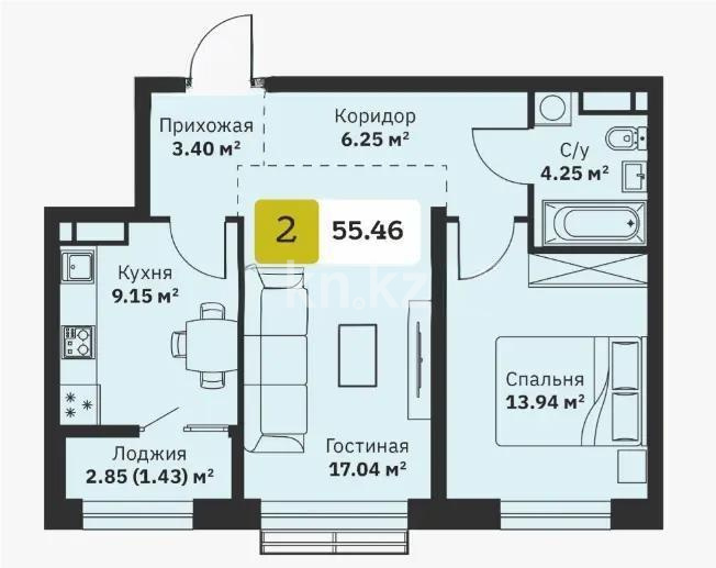 Продажа 2-комнатной квартиры, 55.46 м² в Алматы