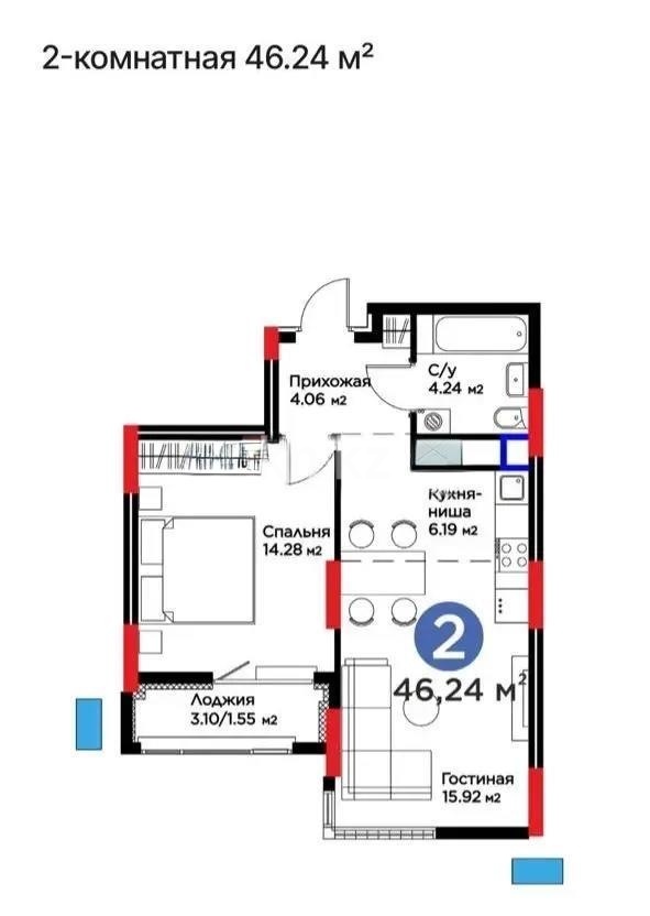 Продажа 2-комнатной квартиры, 46.24 м² в Астане