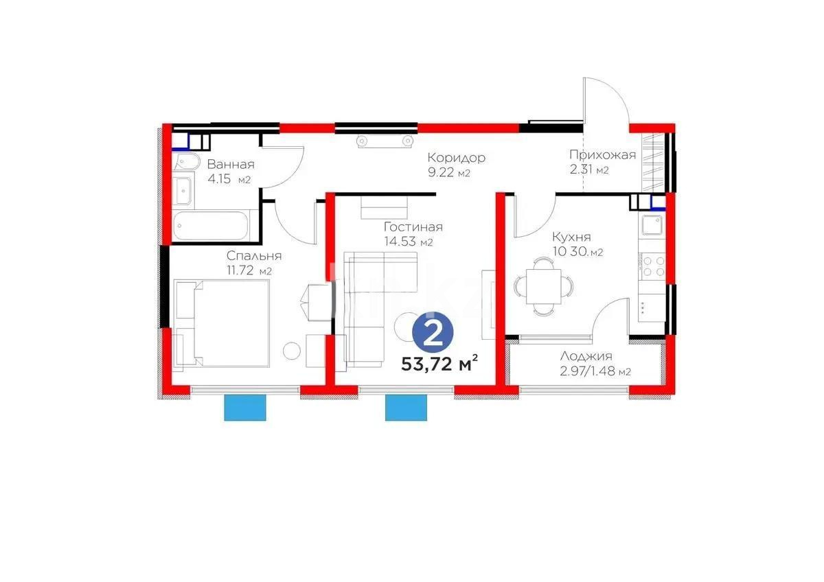 Продажа 2-комнатной квартиры, 53 м² в Алматы