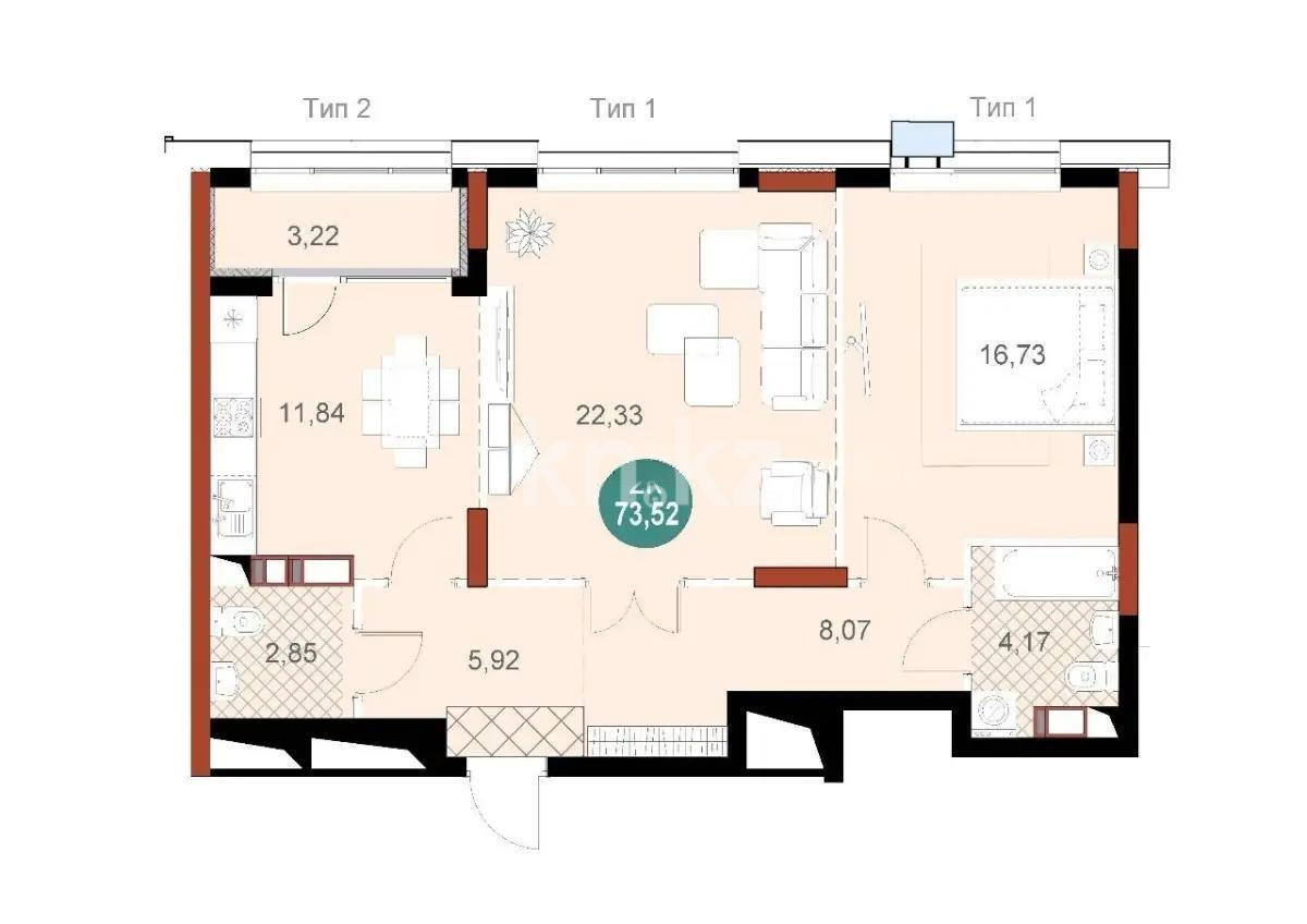 Продажа 2-комнатной квартиры, 73.52 м² в Астане