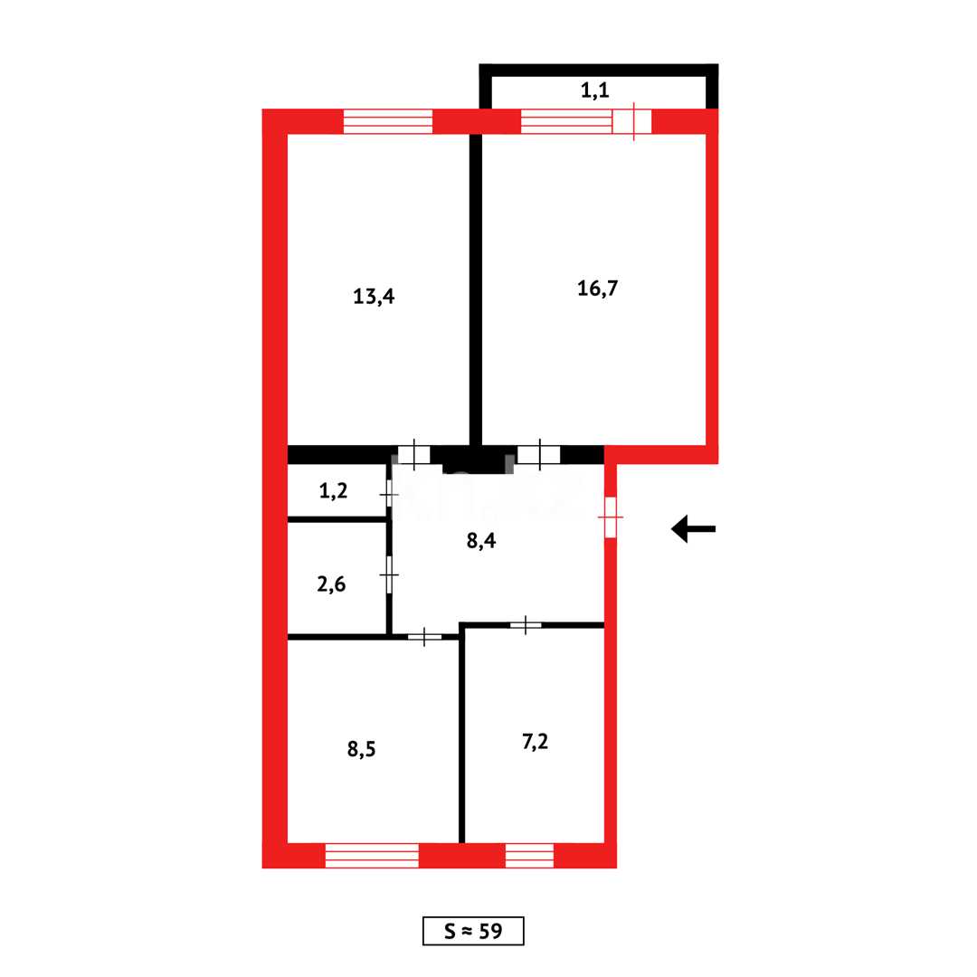 Продажа 3-комнатной квартиры, 59 м², ул. Маметовой, дом  93 в Караганде - фото 13