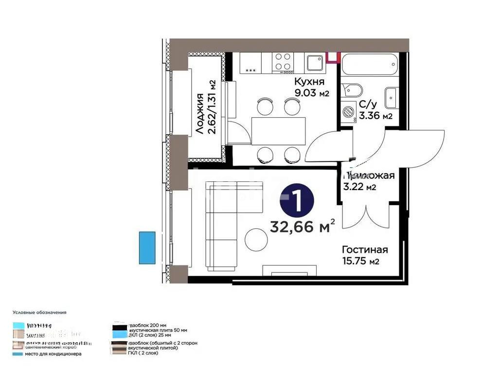 Продажа 1-комнатной квартиры, 32.66 м² в Астане