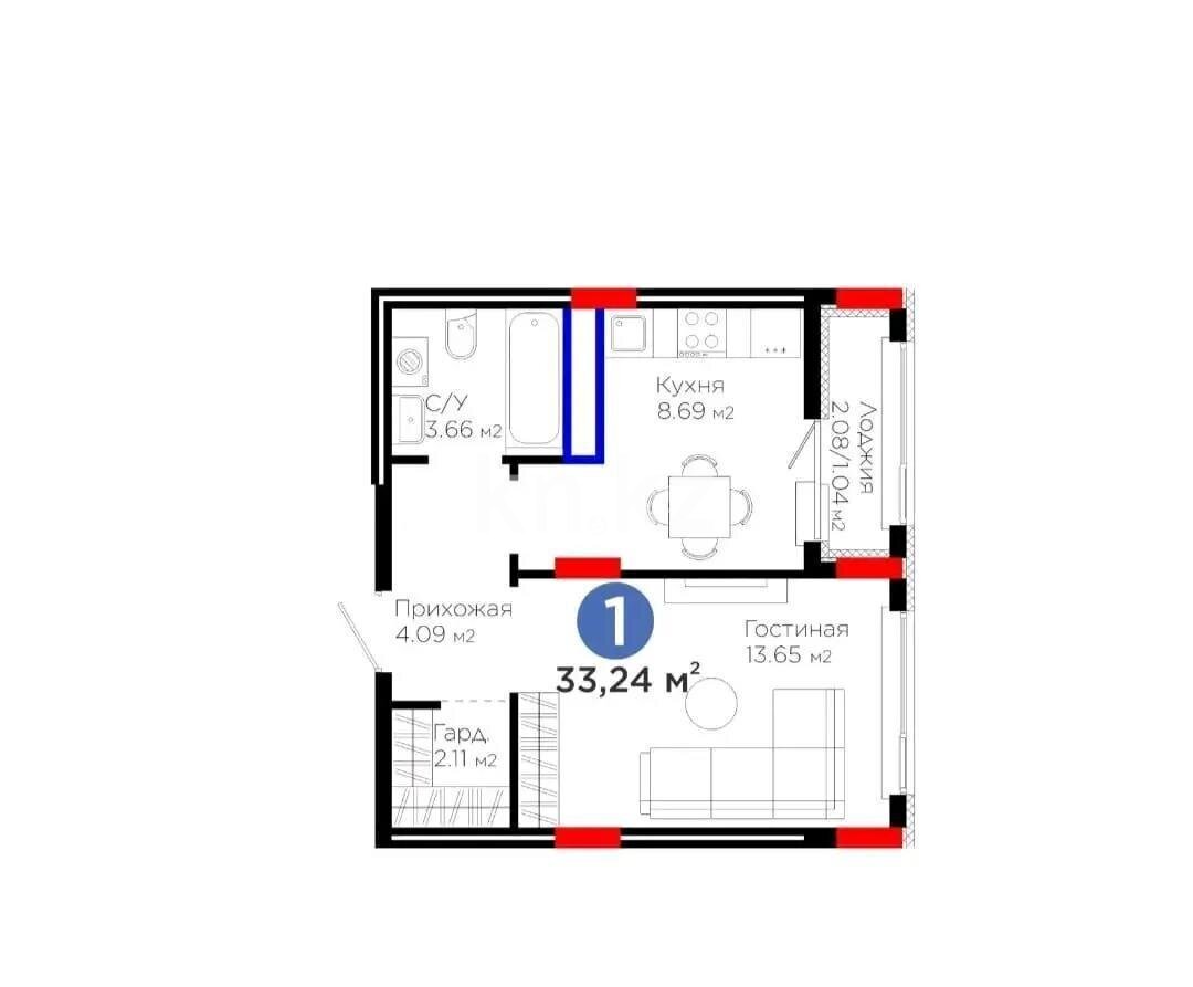 Продажа 1-комнатной квартиры, 33.24 м² в Астане