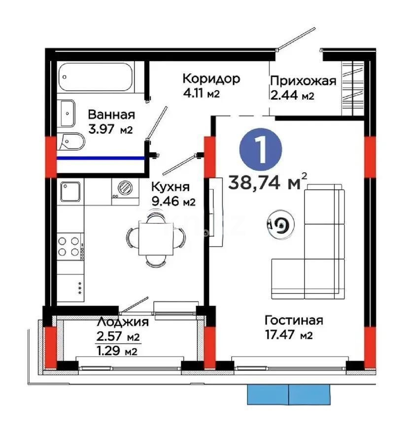 Продажа 1-комнатной квартиры, 38.74 м² в Астане - фото 2
