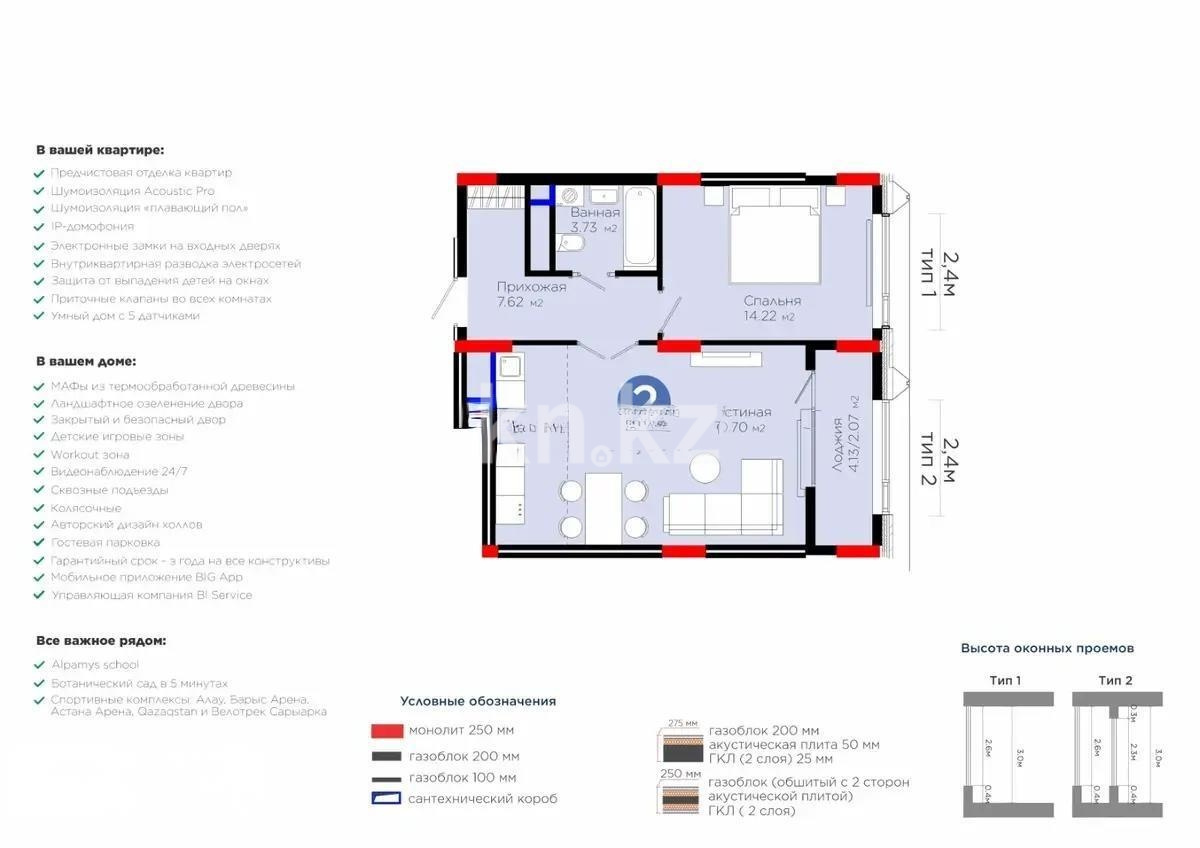 Продажа 2-комнатной квартиры, 54.61 м² в Астане