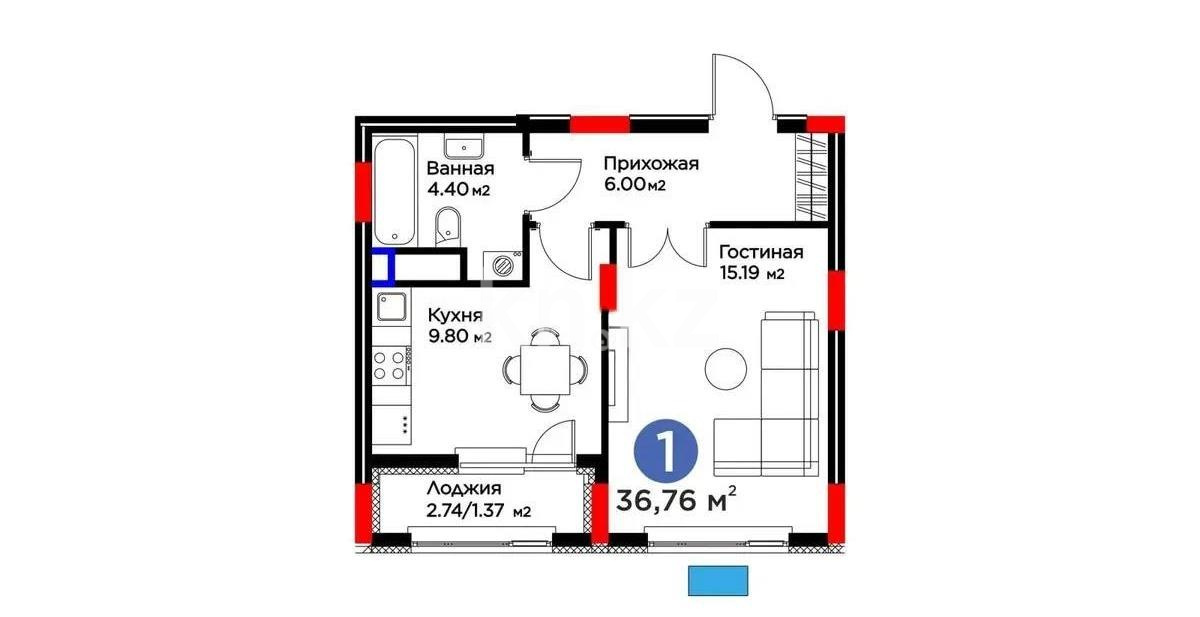 Продажа 1-комнатной квартиры, 36.76 м², пр. Кабанбай батыра, дом  5 стр в Астане