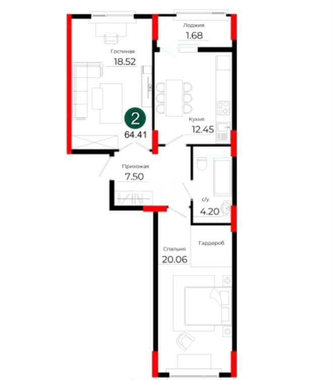 Продажа 2-комнатной квартиры, 64.41 м² в Астане