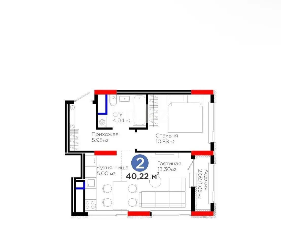 Продажа 2-комнатной квартиры, 40.22 м² в Астане
