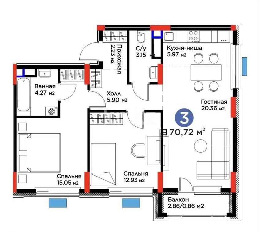 Продажа 3-комнатной квартиры, 71 м² в Астане