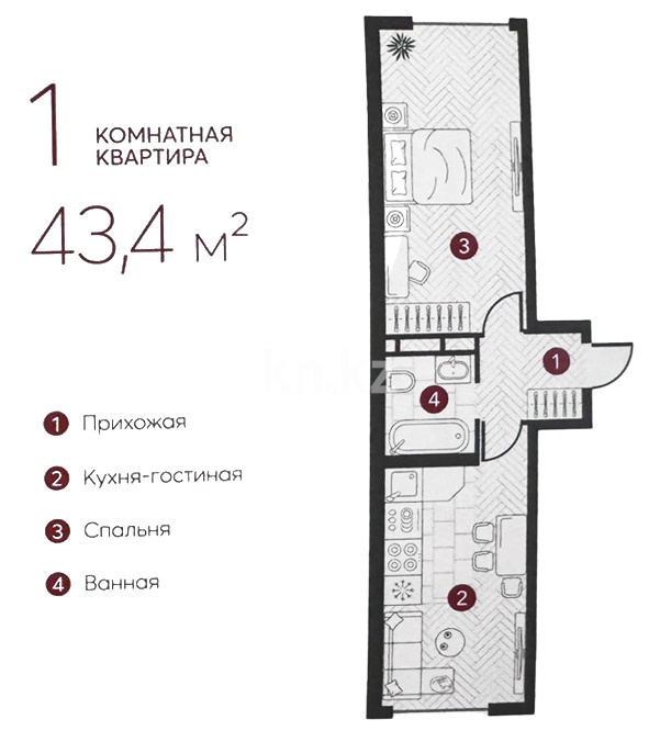 Продажа 2-комнатной квартиры, 43.4 м² в Алматы