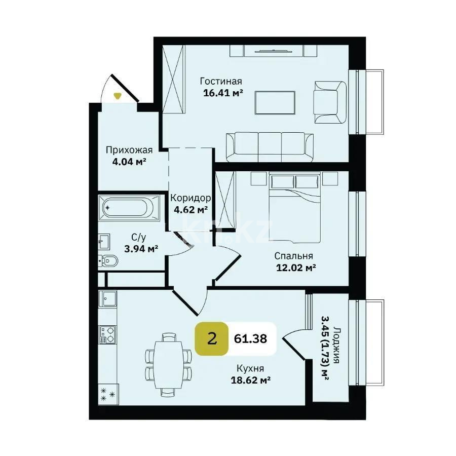 Продажа 2-комнатной квартиры, 61.38 м² в Алматы