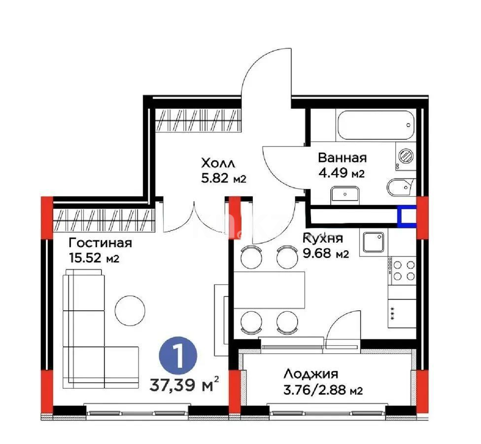 Продажа 1-комнатной квартиры, 37.4 м² в Астане