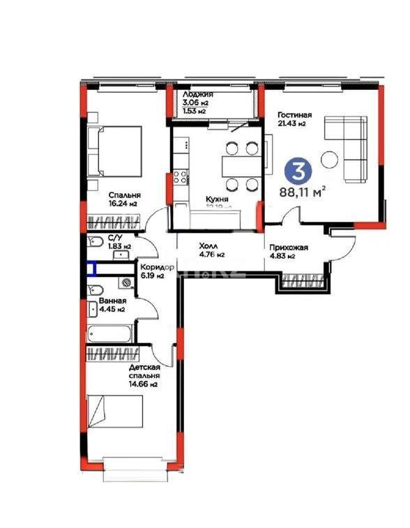 Продажа 3-комнатной квартиры, 88.1 м² в Астане