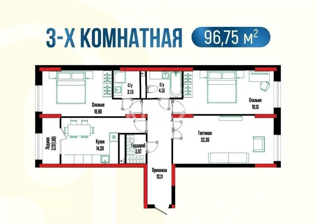 Продажа 3-комнатной квартиры, 97 м² в Астане