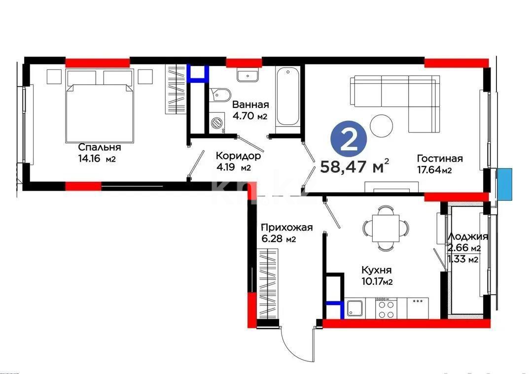Продажа 2-комнатной квартиры, 58.5 м² в Астане