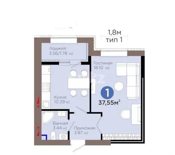 Продажа 1-комнатной квартиры, 37.55 м² в Астане