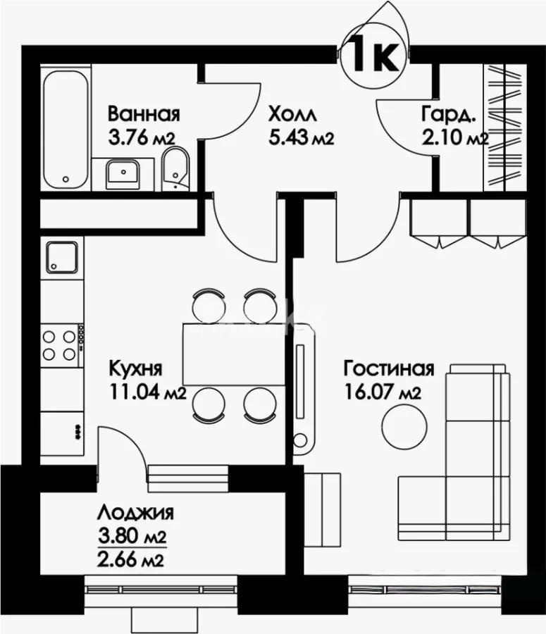 Продажа 1-комнатной квартиры, 41.06 м² в Астане