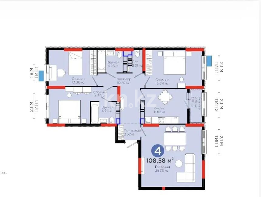 Продажа 4-комнатной квартиры, 108.58 м², пр. Туран, дом  43/5 в Астане