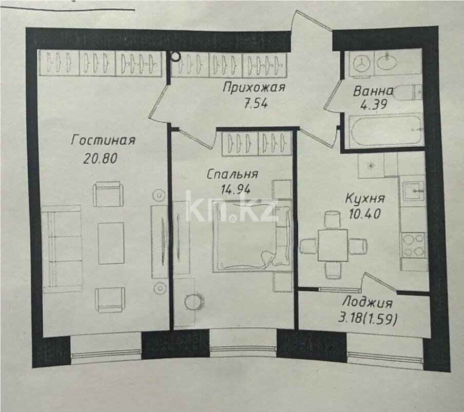 Продажа 2-комнатной квартиры, 59.66 м² в Астане