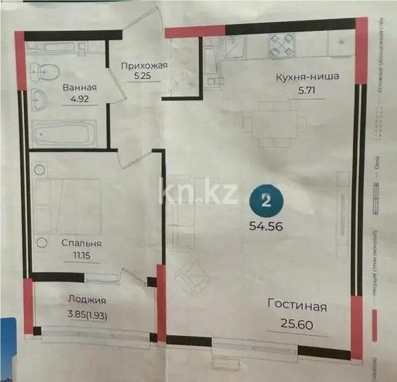 Продажа 2-комнатной квартиры, 54.56 м² в Астане