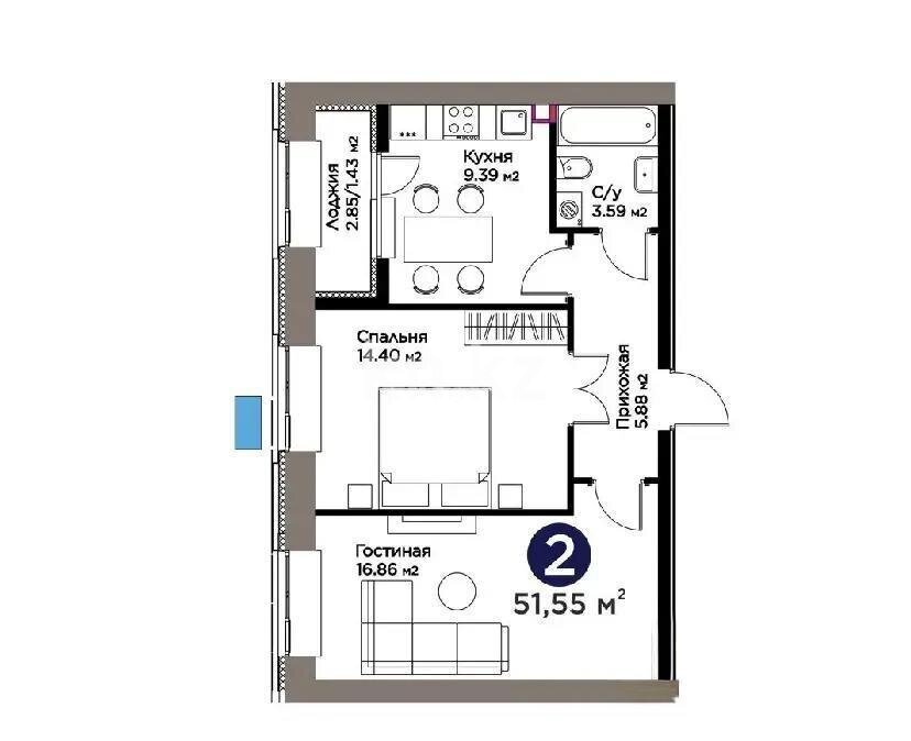 Продажа 2-комнатной квартиры, 51.55 м² в Астане