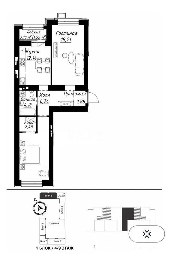 Продажа 2-комнатной квартиры, 64 м² в Астане