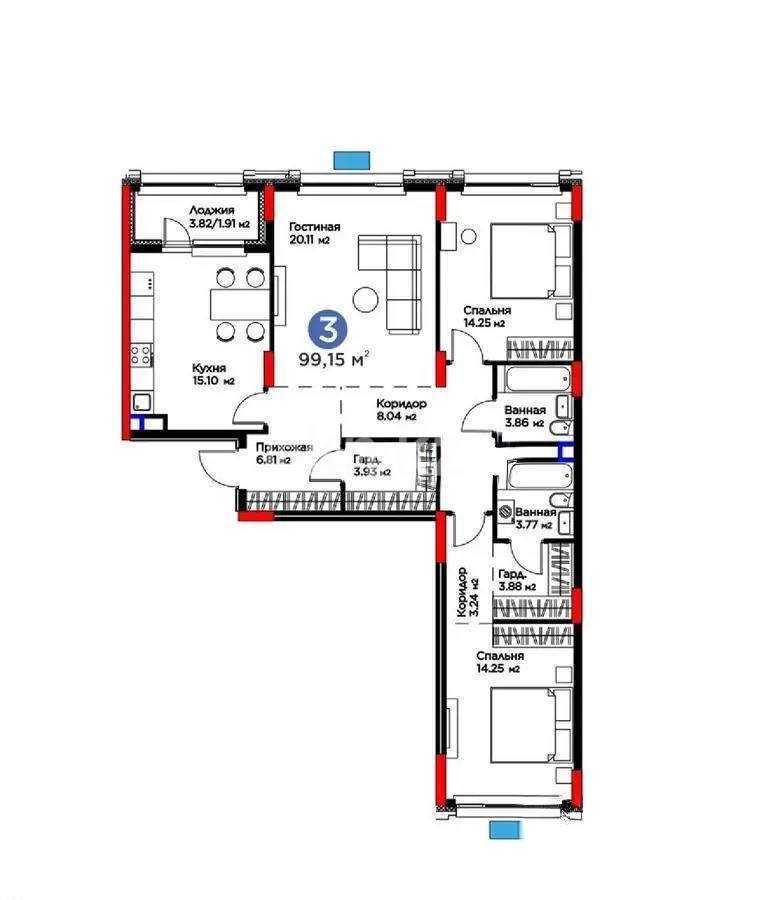 Продажа 3-комнатной квартиры, 99.15 м² в Астане