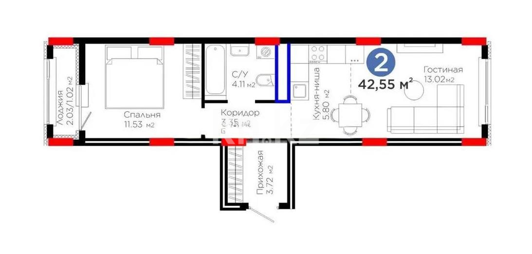 Продажа 2-комнатной квартиры, 42.78 м² в Астане