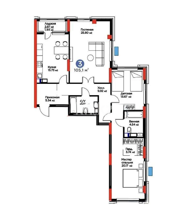 Продажа 3-комнатной квартиры, 105 м², ул. Рыскулова, дом  9 стр в Астане