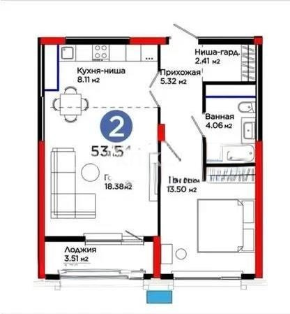 Продажа 2-комнатной квартиры, 53.54 м² в Астане