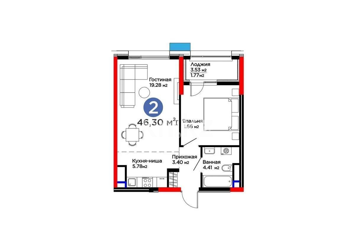 Продажа 2-комнатной квартиры, 46.3 м² в Астане
