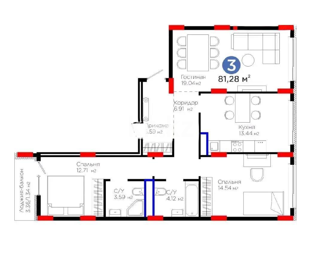 Продажа 3-комнатной квартиры, 81.28 м² в Астане